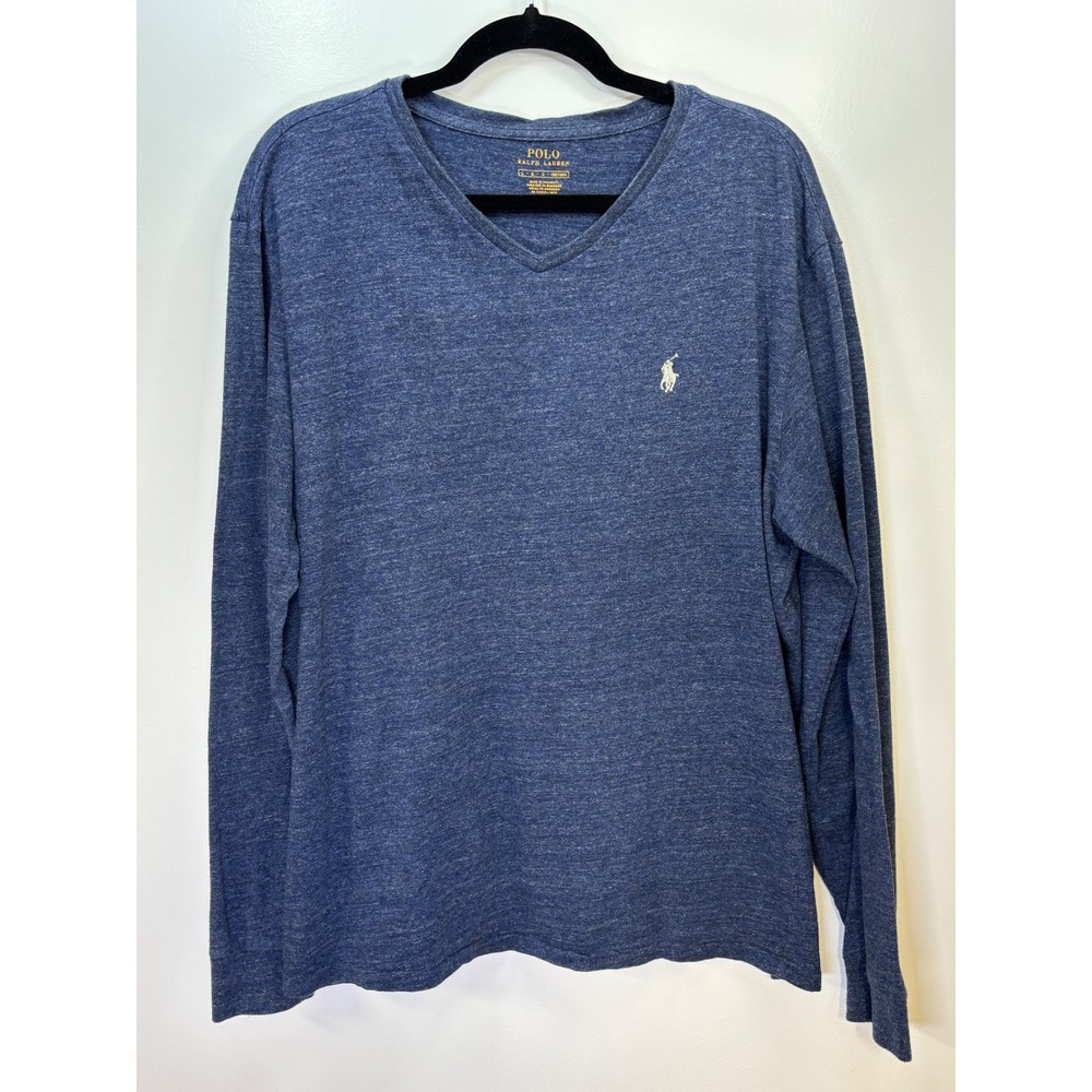 Polo Ralph Lauren Mens Large Blue Heathered V-Neck Long Sleeve T-Shirt Pony Logo